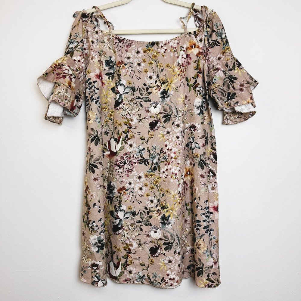 Zara Basic Women's Linen Blend Off The Shoulder Prairie Floral Dress Size Medium